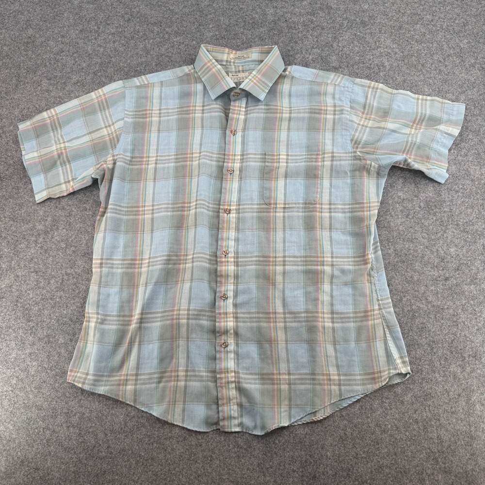 Vintage Arrow Brigade Mens XL Blue Plaid Short Sleeve Button Down Shirt Fitted